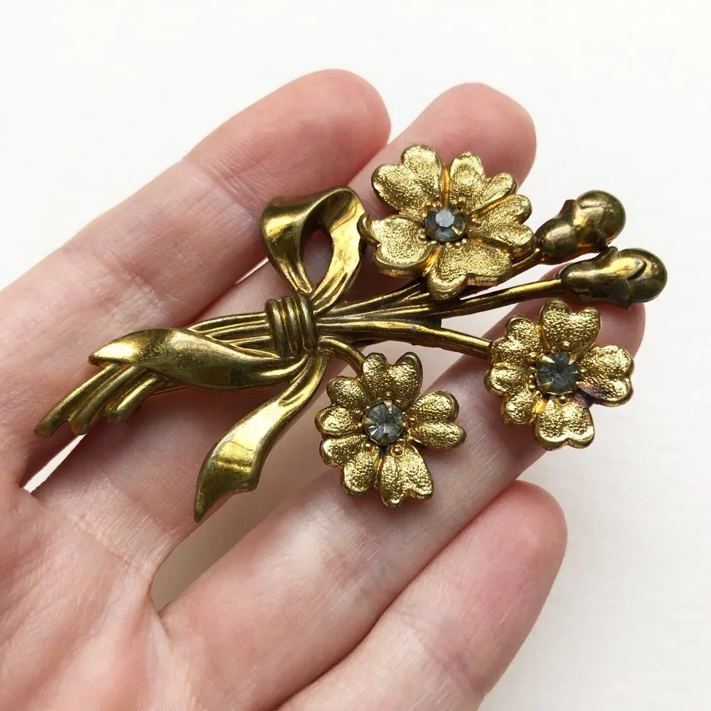 Vintage crystal flower brooch, floral rhinestone lapel pin